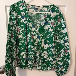 LOFT Green and White Floral Blouse